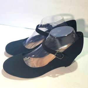 Black Velvet Velour Mary Jane Wedges
